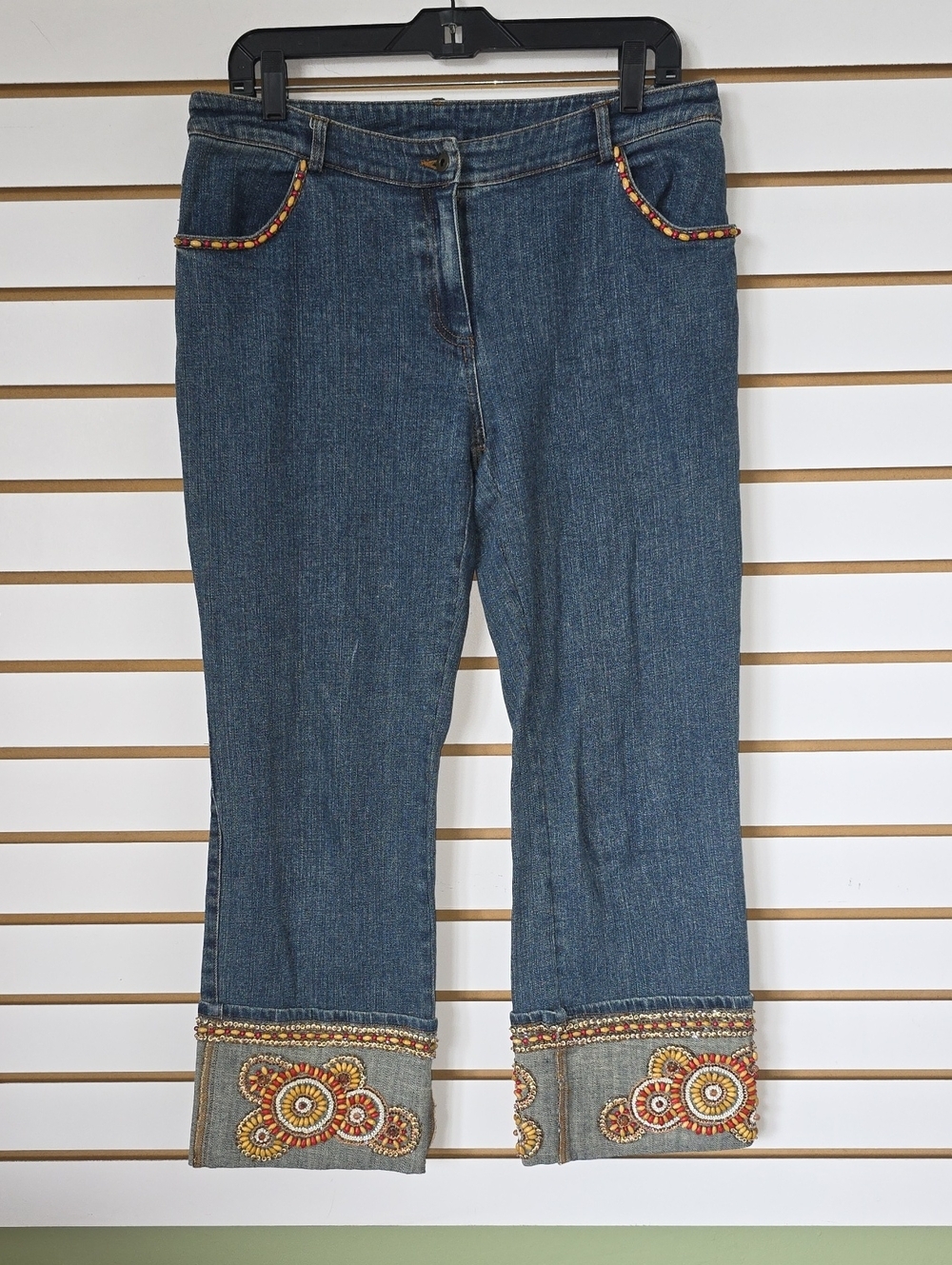 Cache Blue Cropped Jeans with Multicolor Beaded Cuffs